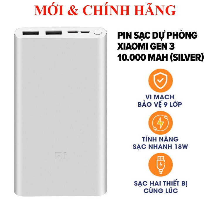 Pin dự phòng Xiaomi Gen 3 10000mAh Sạc Nhanh 18W Vỏ Nhôm Sang Trọng