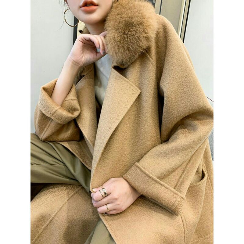 Áo khoác dạ cashmere lông cừa cổ lông dáng dài