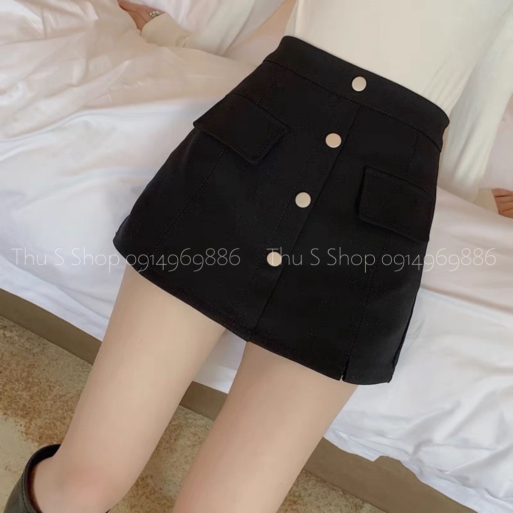 Quần Giả Váy 4 Khuy Cúc Dọc, Quần Short Cạp Cao Kèm 2 Túi Giả Cạnh Sườn Chất Tuyết Mưa