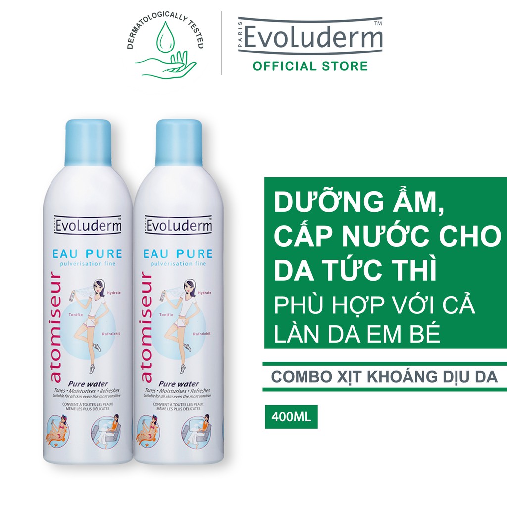 [Mã FMCGMALL giảm 8% đơn 250K] Bộ 2 Xịt khoáng dưỡng da cấp ẩm Evoluderm Atomiseur Eau Pure 400ml/chai