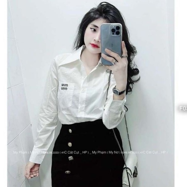 Áo sơ mi nữ trắng dài tay form rộng miumiu 1 màu basic