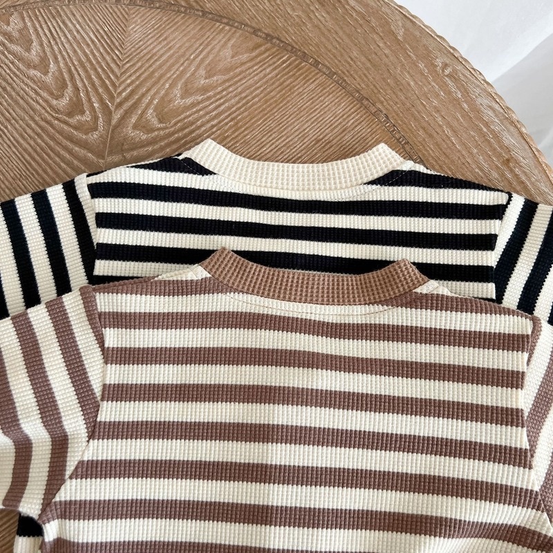 Bộ Áo Liền Quần Bằng Cotton Tay Dài Họa Tiết Kẻ Sọc Phối Màu Thời Trang Mùa Thu Phong Cách Hàn Quốc Dành Cho Bé Trai Gái 0-2 Tuổi