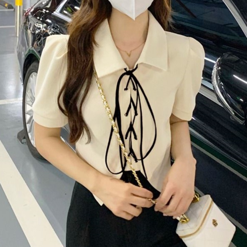 Áo sơ mi croptop RENJIANVSHENG 168522 tay ngắn kiểu dáng ngọt ngào thiết kế lệch tà phối dây thắt sành điệu