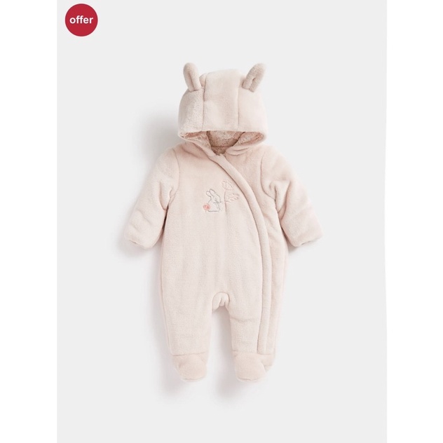 Body thêu thỏ Mothercare dư xịn cho bé gaí màu hồng siêu xinh, chất lông mềm mịn, bên trong lót cotton hoa mềm