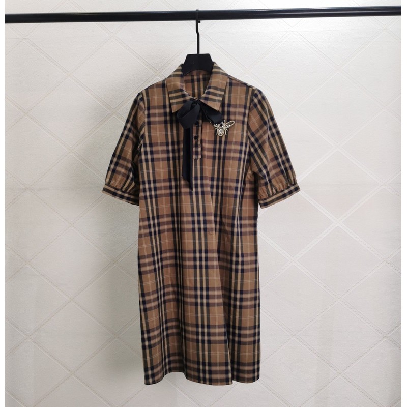 Đầm sơ mi dáng suông cổ thắt nơ thương hiệu Burberry BBR cao cấp