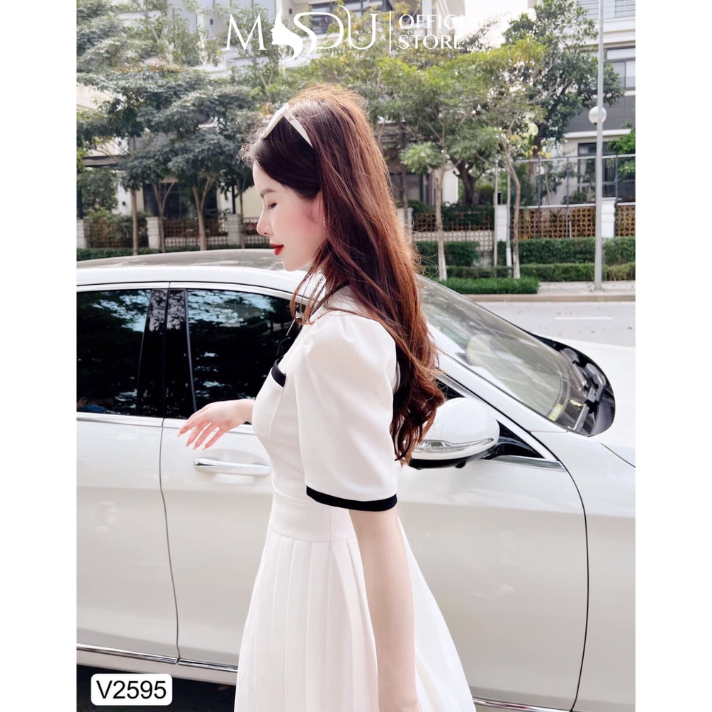 Đầm nữ dáng xòe tay bồng xếp ly eo công sở trắng viền đen V2595 - THỜI TRANG THIẾT KẾ MDU