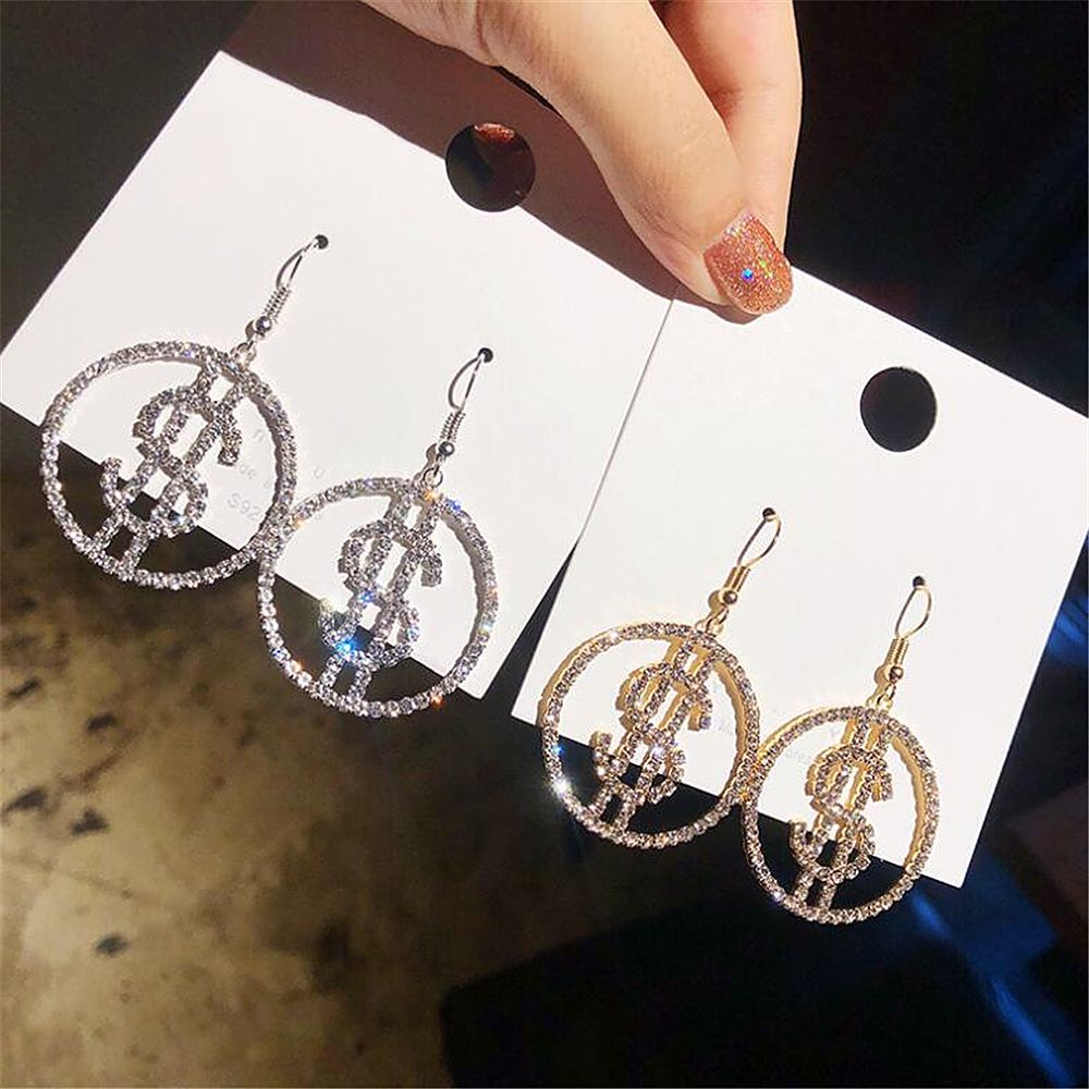Khuyên tai dáng dài hình tiền đô la đính đá zircon không gây dị ứng cho nữ