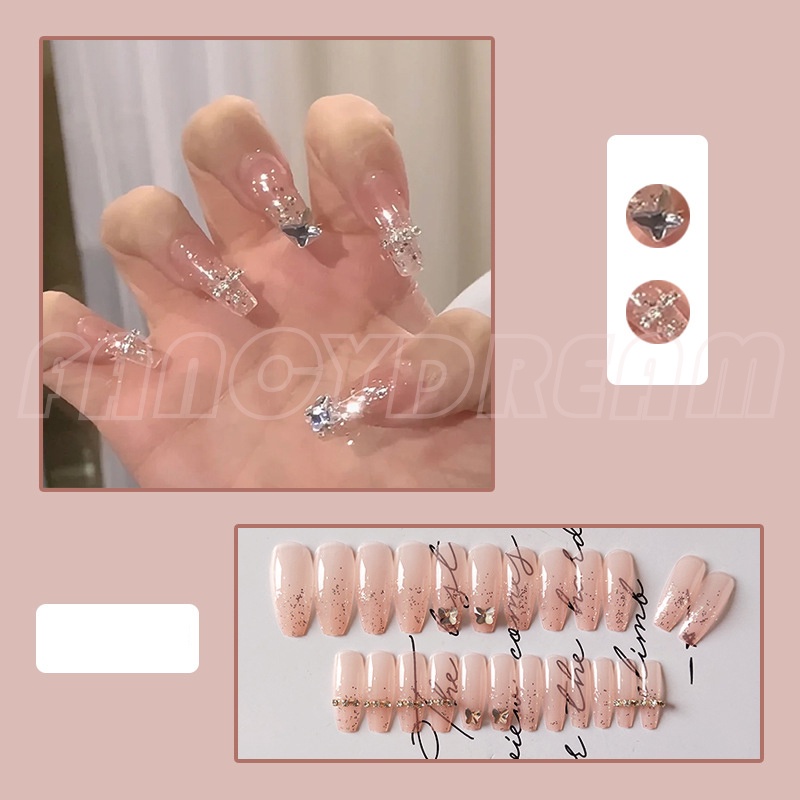 Set 24 móng tay giả màu đen họa tiết hoa/bướm xinh xắn kèm keo dán