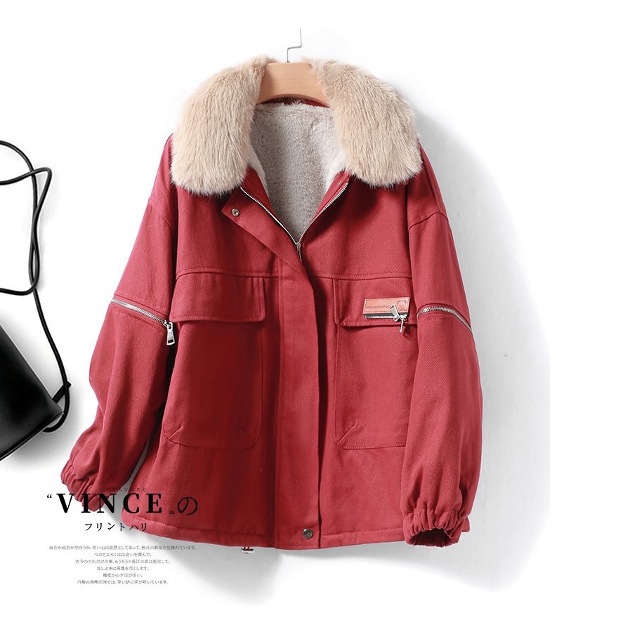 Áo Khoác Kaki Đỏ Lót Lông Mác Da 🦋 Áo Cổ Lông Đại Hàn Dáng Rộng Khóa Kéo 🦋