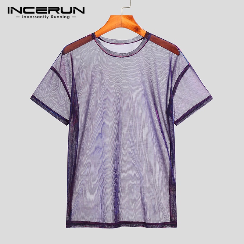 Áo thun tay ngắn INCERUN dạng lưới lấp lánh size s-5xl cho nam