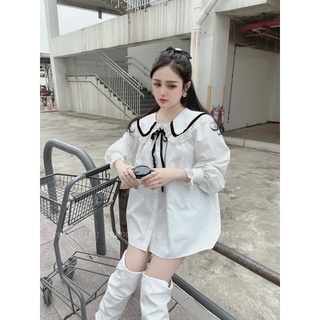 Áo sơ mi cổ viền ren dáng suông siêu xinh