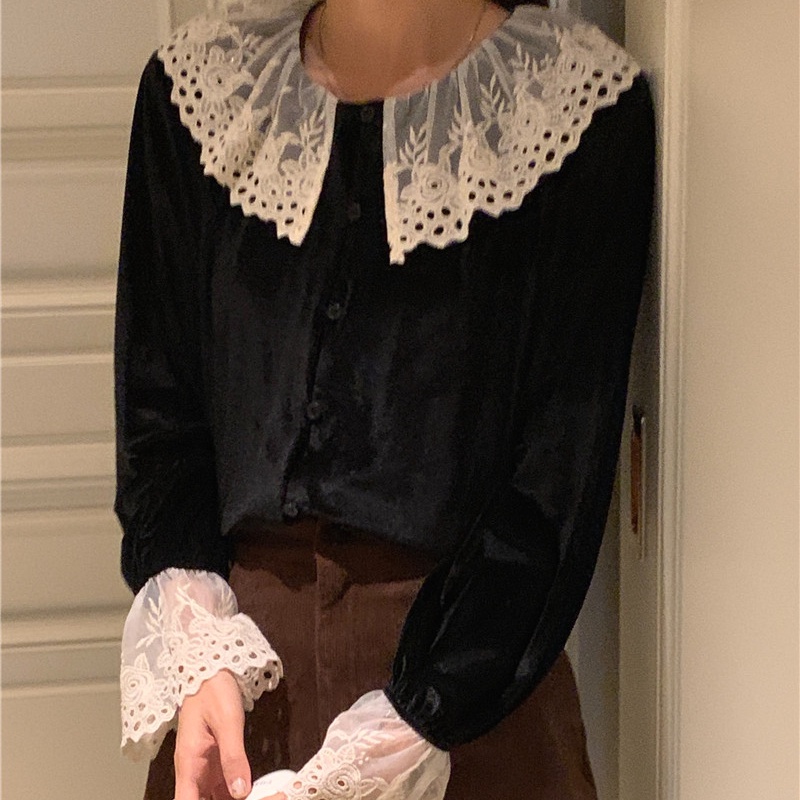 SUXI Áo Sơ Mi Nhung Tay Dài Ống Loe Phối Ren Phong Cách Hàn Quốc Cổ Điển Dành Cho Nữ