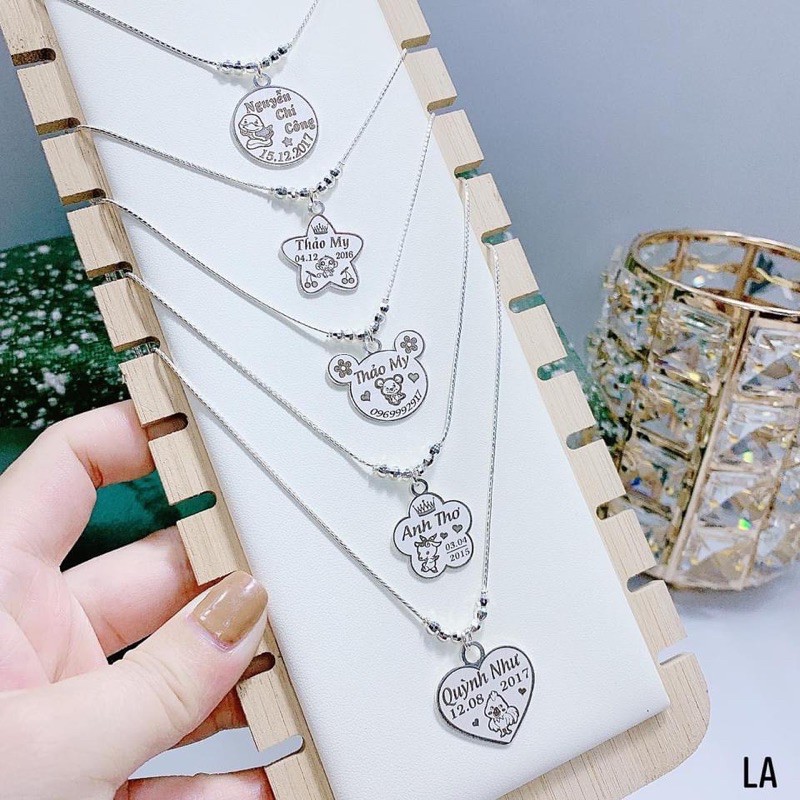 Dây Chuyền Bạc Ta Khắc Chữ Lazer kết Hợp hình Thù Mặt Gấu, Mèo, Hoa... ngộ nghĩnh Cho Bé - Trang sức Vàng Bạc Hoà Thảo