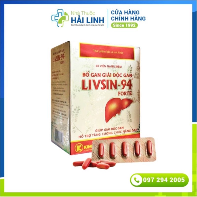 Viên uống bổ gan Livsin 94 Forte ⚡ Tặng quà ⚡ Hộp 60 viên Giúp hạ men gan, giảm mệt mỏi, nóng trong người