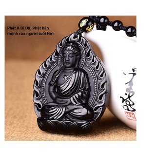 Dây chuyền Phật A di đà đá Obsidian Độ Mệnh Tuổi Tuất-Hợi-DC60