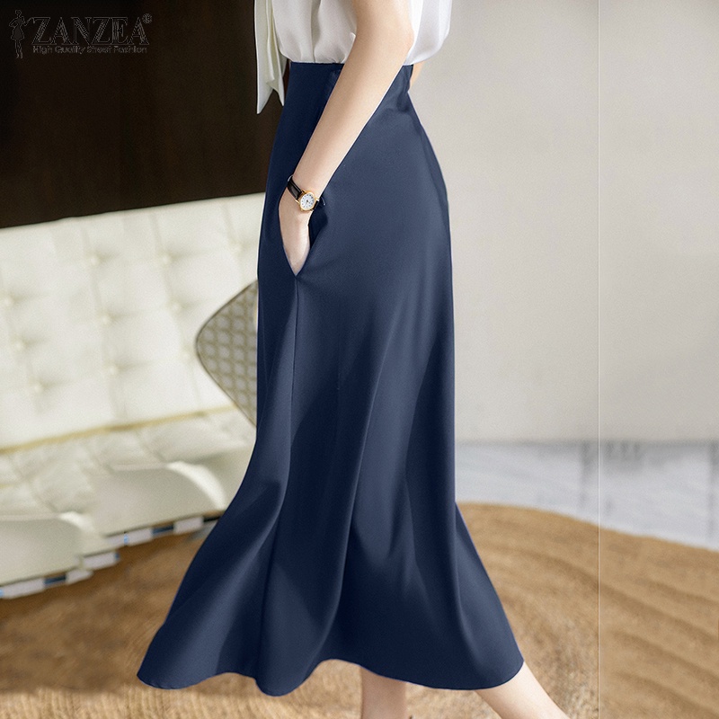 ZANZEA Chân Váy Dài Vải Satin Lưng Cao Co Giãn Thời Trang Cho Nữ