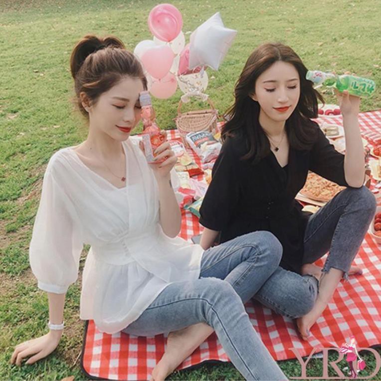 Áo kiểu chất Chiffon màu trơn thiết kế cổ chữ V phong cách Hàn Quốc thanh lịch Đẹp