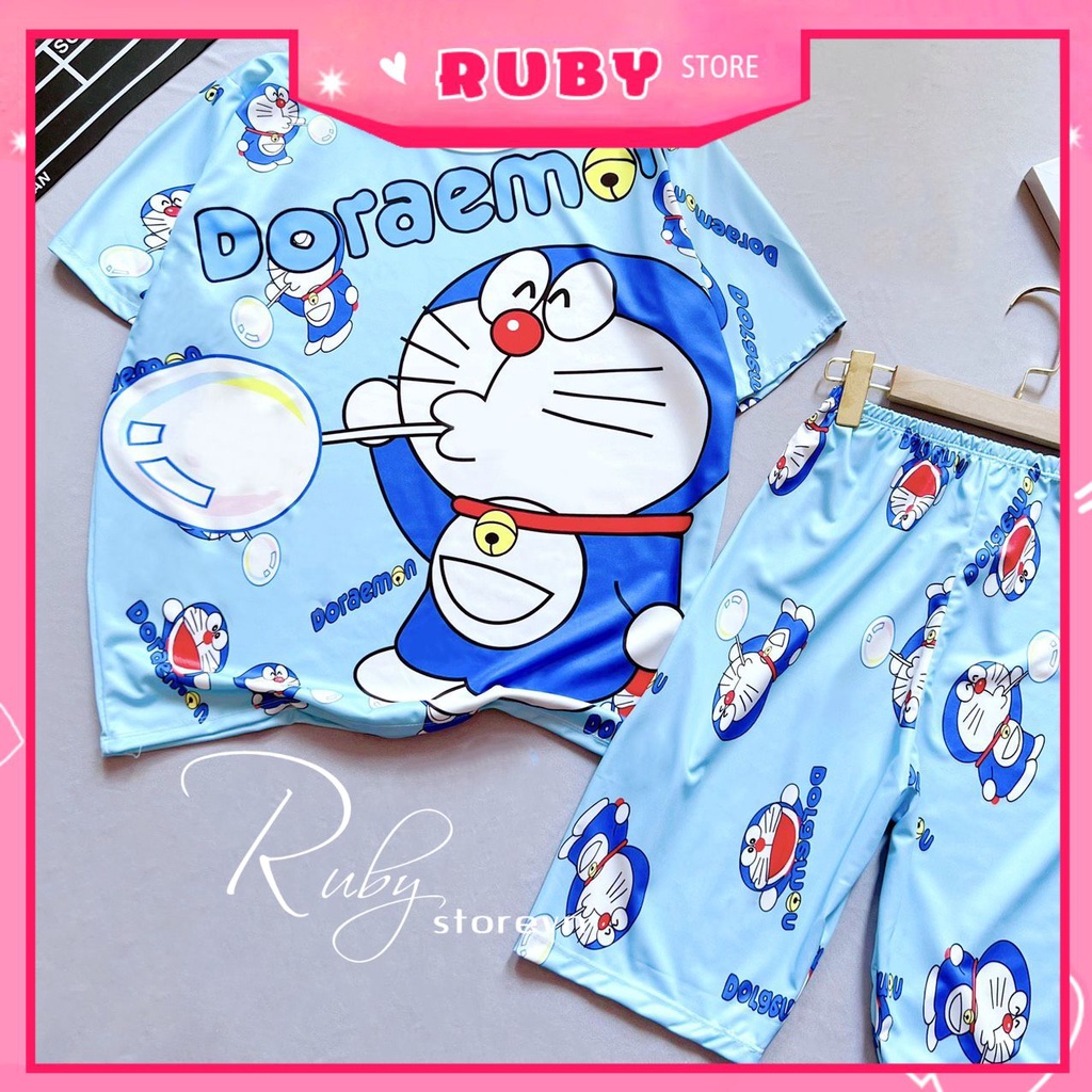 Đồ bộ quần lửng cho bé chất thun mềm mát in hình doremon kitty hoạt hình dễ thương size 12kg - 70kg DBRBL FULL SIZE