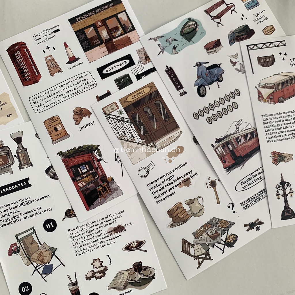 SET 40 STICKER VINTAGE COFFEE SHOP / TRAIN STATION trang trí journal - (ảnh thật) - vintage style - Tiệm nhà Chun