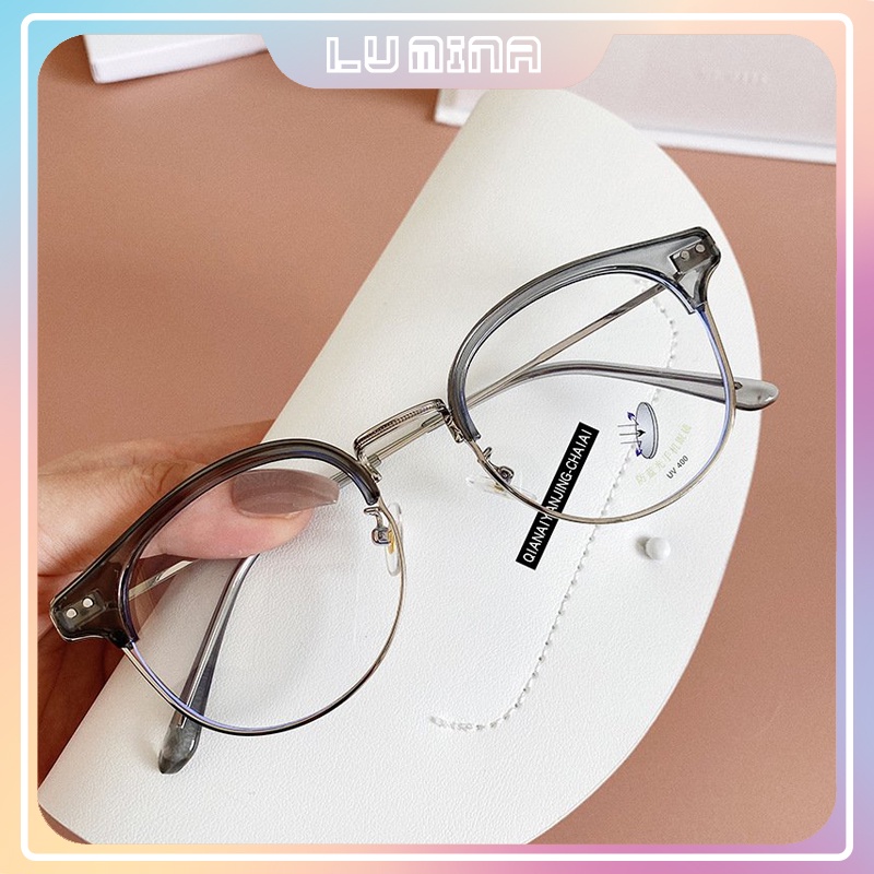 Kính giả cận nữ nam mắt tròn chống ánh sáng xanh bảo về mắt, kính mát gọng cận kim loại siêu nhẹ thay được tròng cận 048