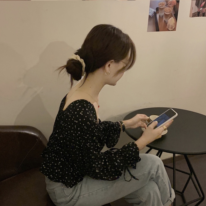 Áo Sơ Mi Voan Cổ Vuông Tay Dài Họa Tiết Hoa Phong Cách retro Dành Cho Nữ