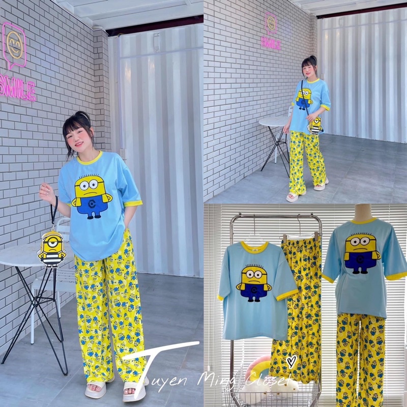 Set áo cotton phối viền minion quần suông gân H10