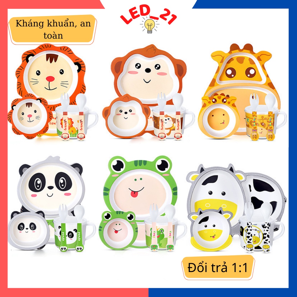 Khay ăn dặm Khay sợi tre cao cấp cho bé gồm 5 chi tiết thìa,khay,bát,dĩa,cốc