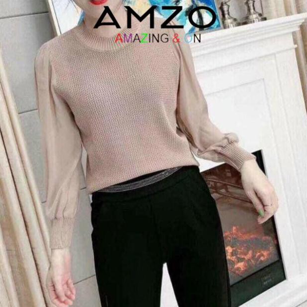 Áo Len Nữ Cổ Tròn, Áo Len Phối Tay Voan Bồng Phong Cách Hàn Quốc Trẻ Trung Năng Động, Màu Cơ Bản Dễ Phối Đồ AZ