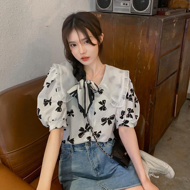 Áo Sơ Mi Tay Ngắn Cổ Búp Bê Phối Lưới Thắt Nơ Phong Cách Pháp Thời Trang Mùa Hè Mới Cho Bé Gái