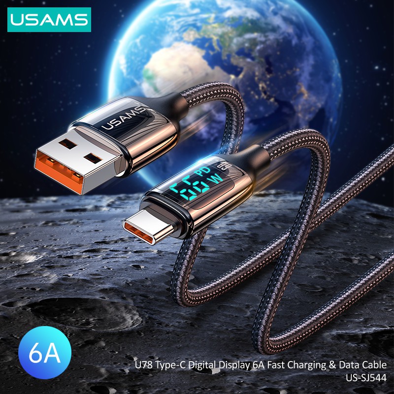 Dây Cáp Sạc Nhanh USAMS 1.2M 6A 100W PD Có Màn Hình LED Kỹ Thuật Số USB Type C
