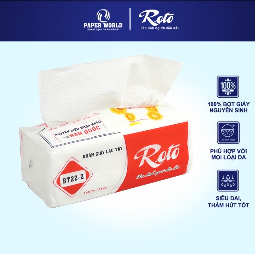 [COMBO RT22-2] Khăn giấy rút đa năng ROTO | Thế Giới Giấy, 100% bột giấy nguyên sinh, 102 tờ/2 lớp/1 gói