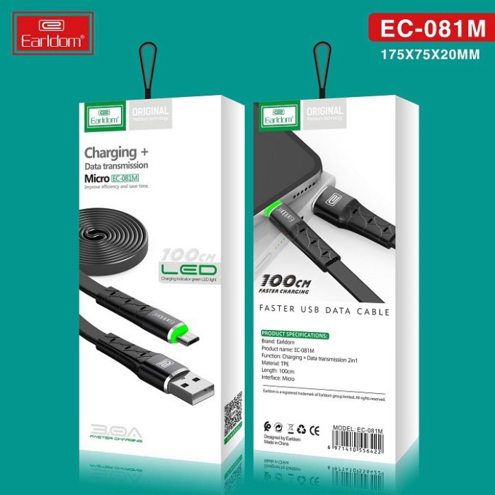 Cáp sạc nhanh Earldom EC-081 dây dù 3.0A cổng kết nối Type C Micro ,dài 1m-2m ,có đèn led-BH 1 Năm