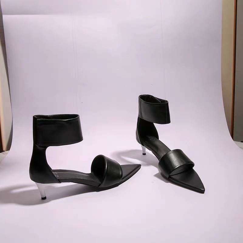 Sandal Cao Gót Mũi Nhọn Quai Ngang Bản To Cổ Chân