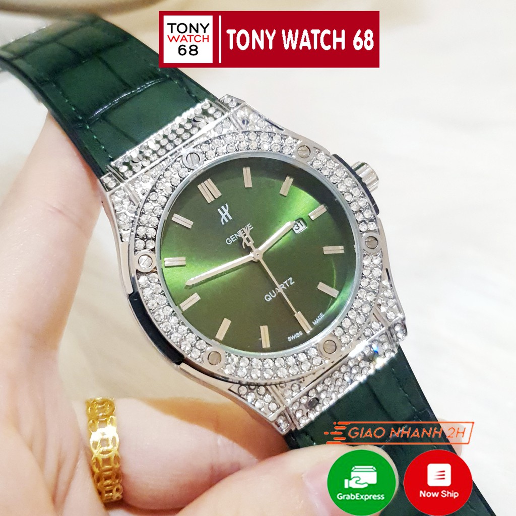Đồng hồ nam Geneva dây cao su bọc da đính đá khóa thông minh chống nước | BigBuy360 - bigbuy360.vn