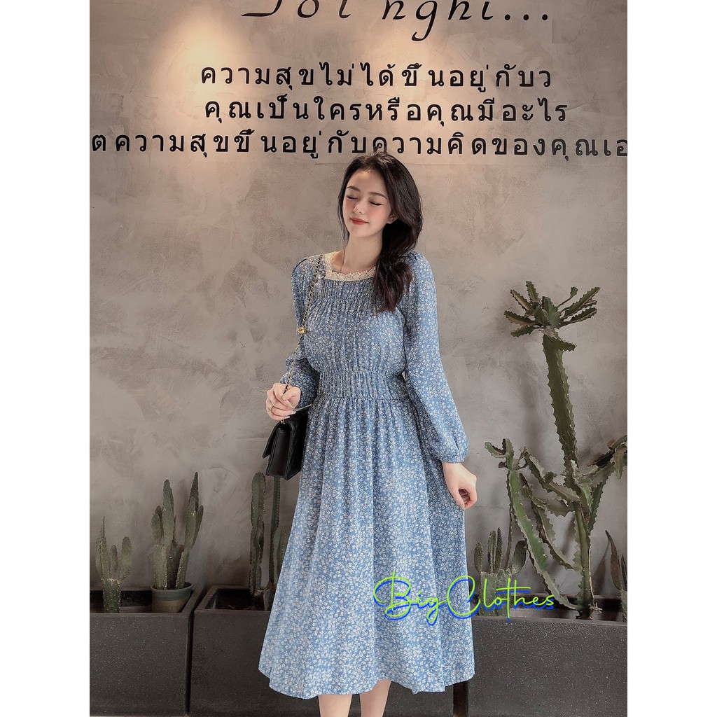 Váy đầm bigsize hoa nhí màu xanh BigClothes thiết kế cổ vuông sang chảnh thoáng mát từ 45kg đến 75kg BC017