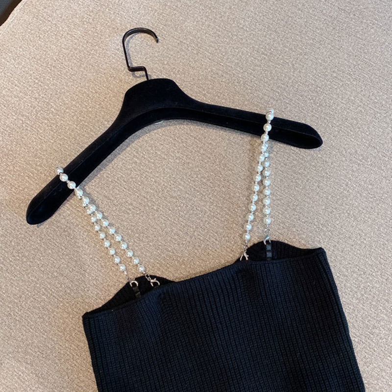 Áo Croptop Dệt Kim Không Tay Dáng Ôm Đính Đá Ngọc Trai Phối Dây Xích Thời Trang Sang Trọng Cho Nữ