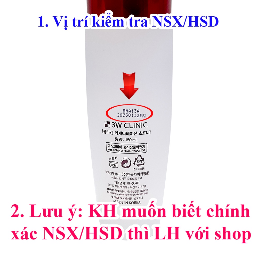 [Mã BMLTA50 giảm 50K đơn 150K] Nước hoa hồng 3W Clinic Collagen chống lão hóa cân bằng độ ẩm 150ml Hàn Quốc (hộp đỏ)