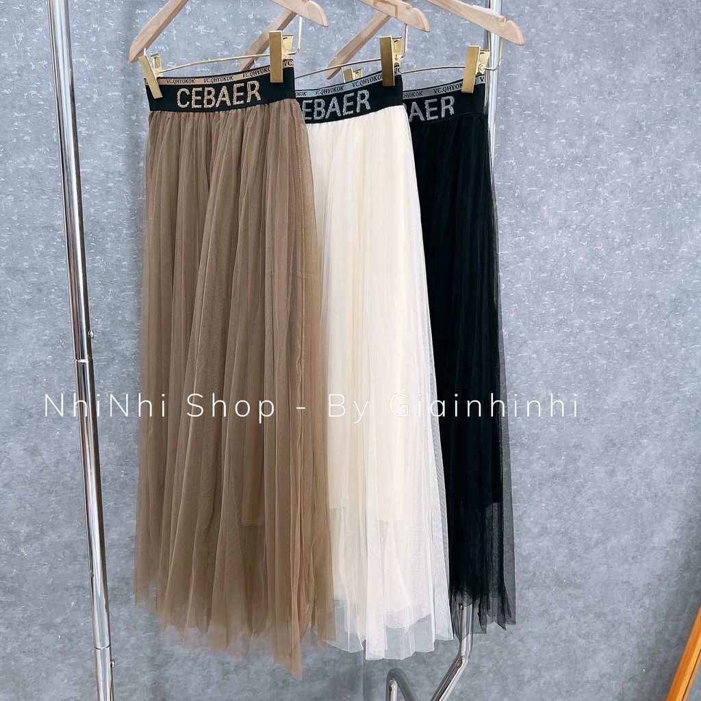 Chân váy xếp ly in chữ CEBA dáng dài, Chân váy maxi lưới cạp chun CV - NhiNhi Shop