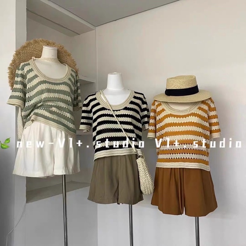 áo len lưới lỗ dệt kim sọc ngang hot hit tay ngắn &amp; không tay (bz1213#)