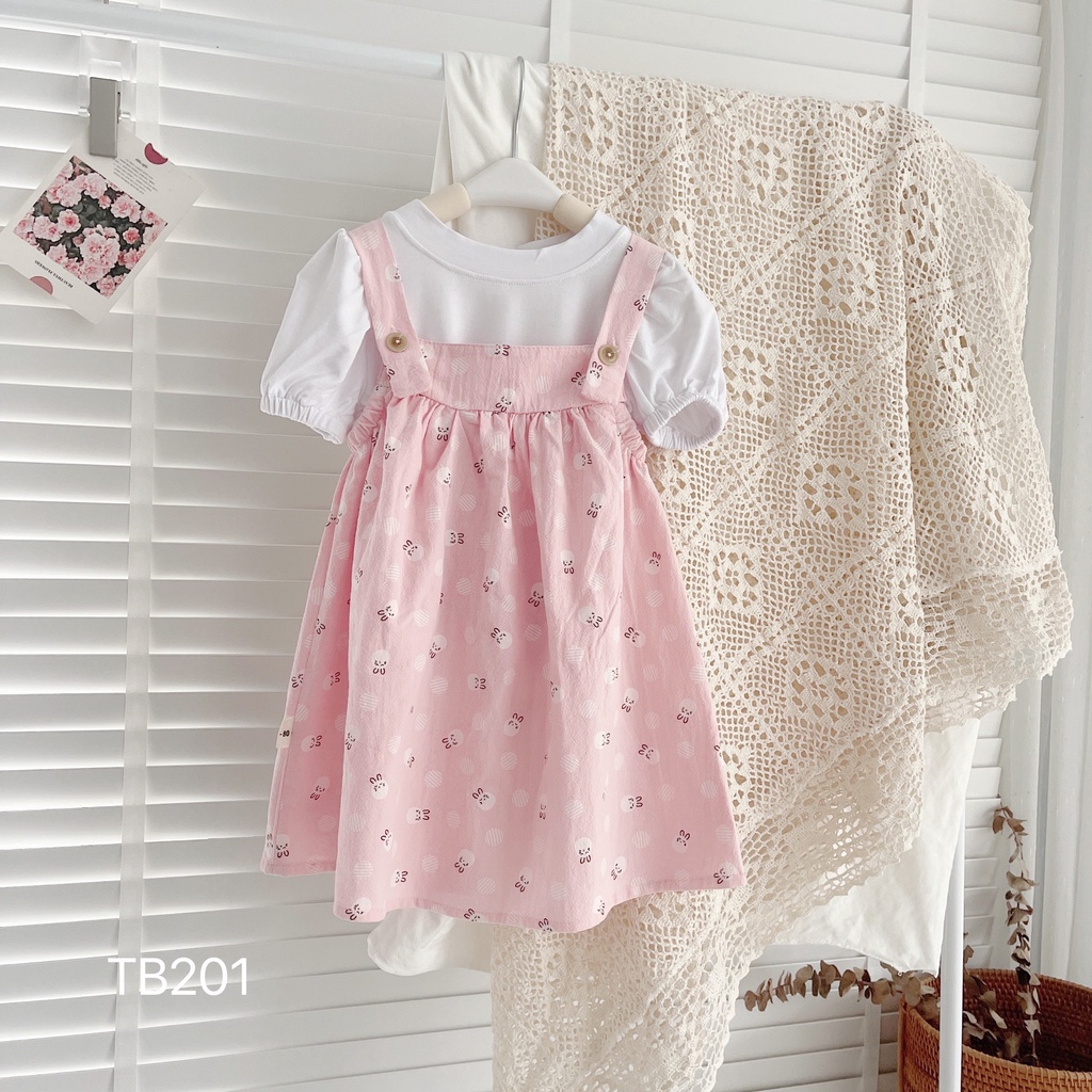Váy Yếm Hoa Cho Bé Gái, Sét Yếm Hoa Nhí Kèm Áo Thun Trắng Vintage Cho Bé