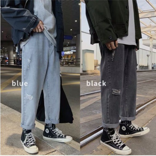 Quần Jean Baggy Nam Rách Gối Màu Xanh Và Màu Đen Ống Rộng Hàn Quốc Hot Trend 2020 -B04
