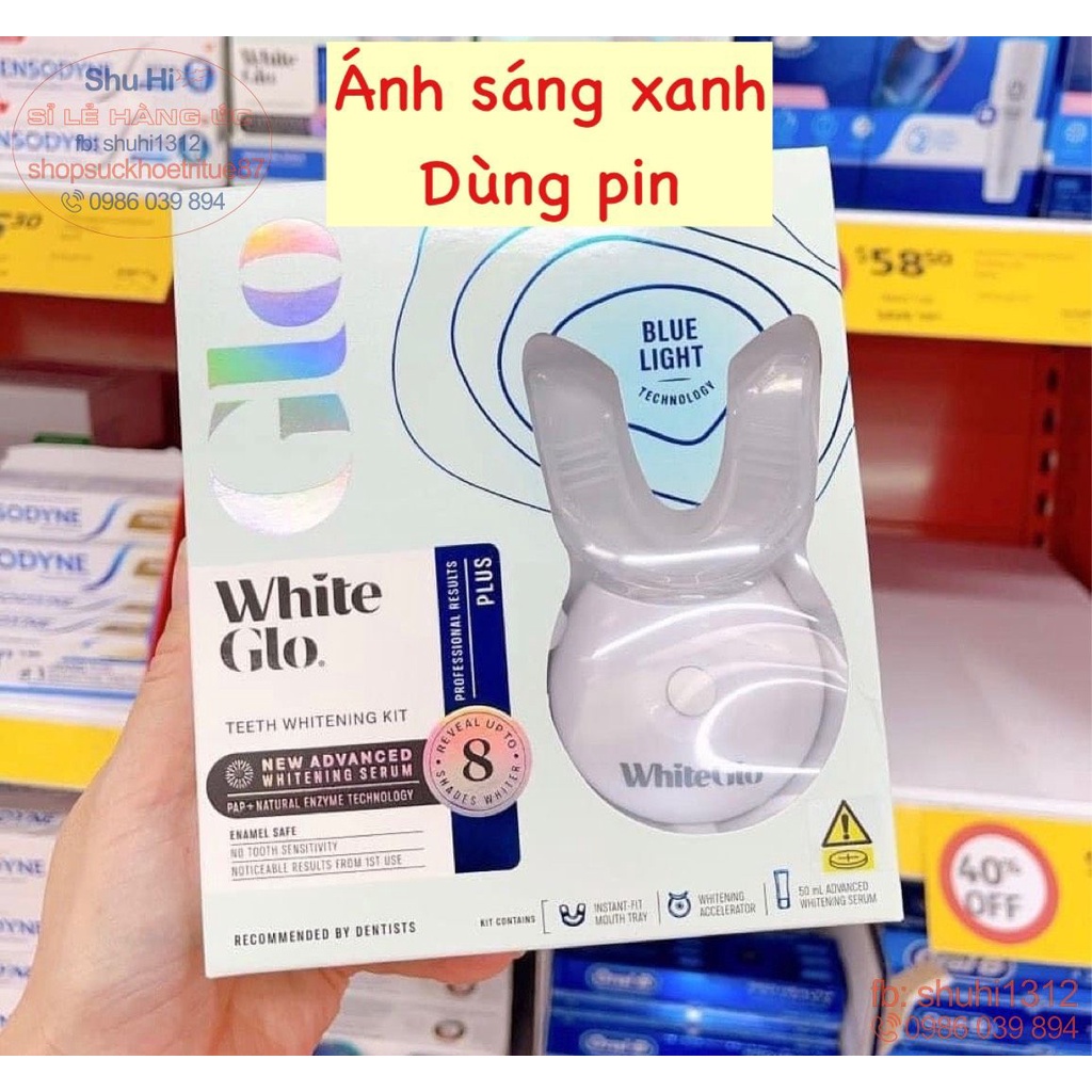 Kit máy ngậm làm trắng răng bằng ánh sáng xanh và đỏ White Glo Advanced Whitening Red Blue Light kit úc