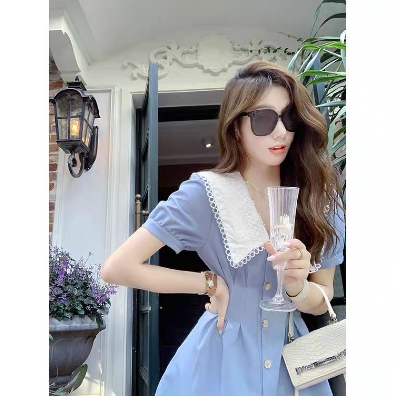 Váy tiểu thư chiết eo cộc tay bồng phối cổ ren phong cách nhẹ nhàng nữ tính