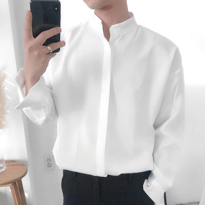 Áo sơ mi cổ trụ dài tay nam nữ màu trắng form rộng unisex - Áo sơ mi cổ tàu đẹp ulzzang Hàn Quốc 2020 | Valu Store * ྇