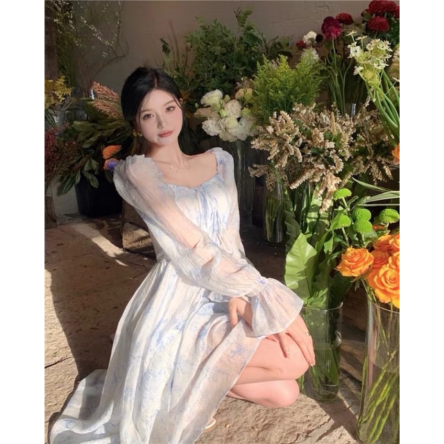 Đầm công chúa tay dài voan tơ xanh bo chun