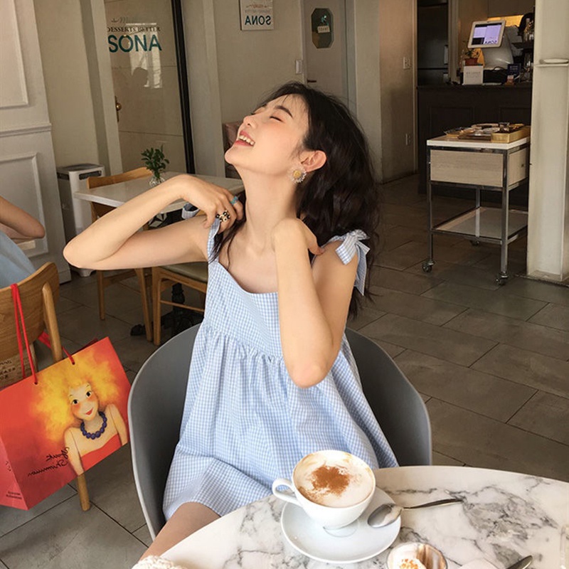 IELGY Áo Hai Dây Ngắn Dáng Suông Kẻ Sọc Caro Thắt Nơ Phong Cách Hàn Quốc Cho Nữ