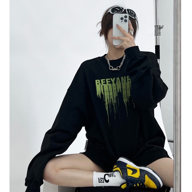 FOCUS Áo Nỉ nữ retro ulzzang BEEYANBUY trắng áo dài tay oversize unisex 100%cotton