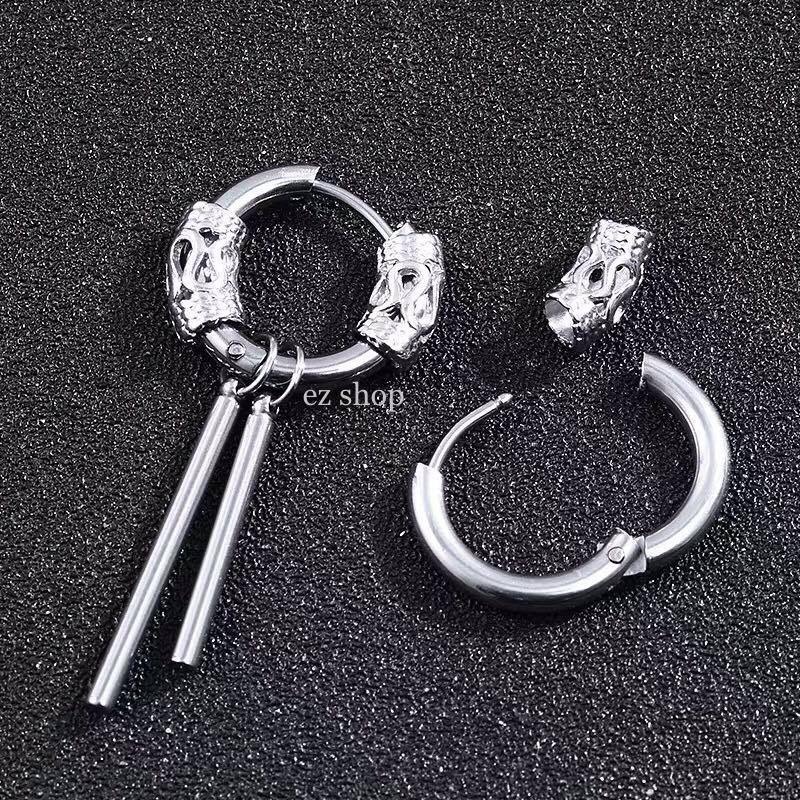 Khuyên tai vòng phối charm thủy triều và thanh thép cá tính thời trang hàn quốc