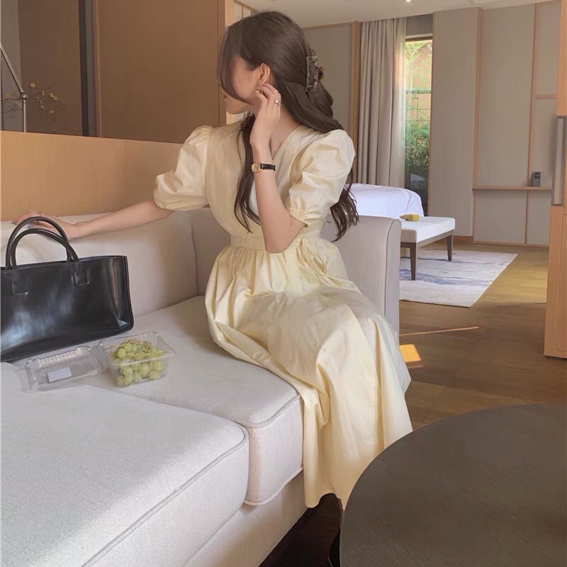 Đầm cổ V tay bồng buộc eo dáng dài