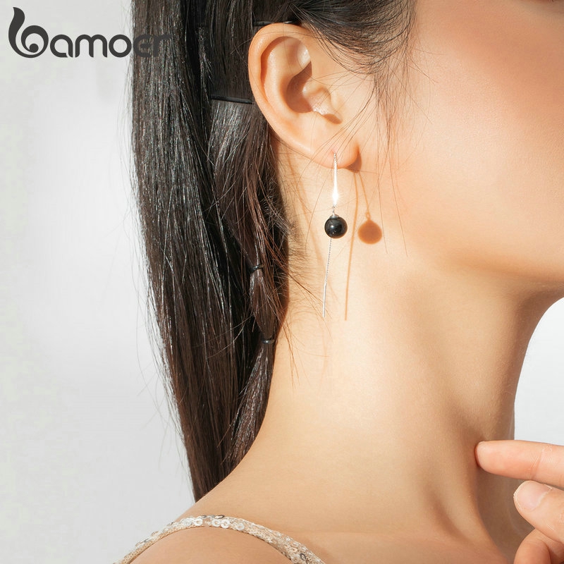 Khuyên tai Bamoer SCE878 dáng dài gắn đá mã não màu đen thời trang cá tính cho nữ